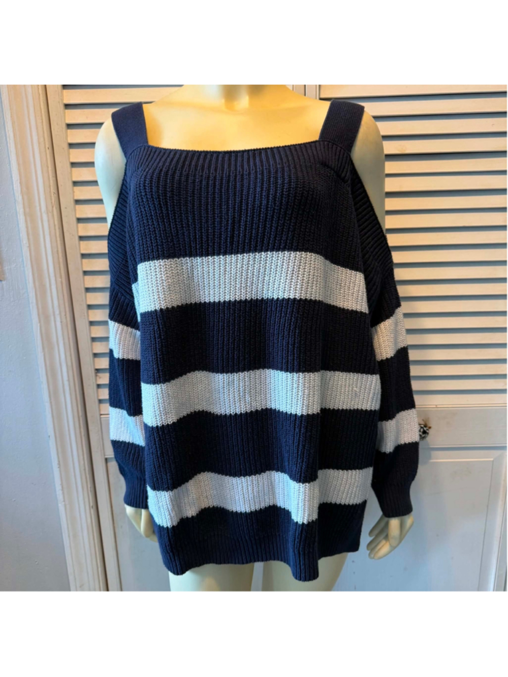 Style & Co. Women's Cold Shoulder Sweater Navy Blue White Striped Size L